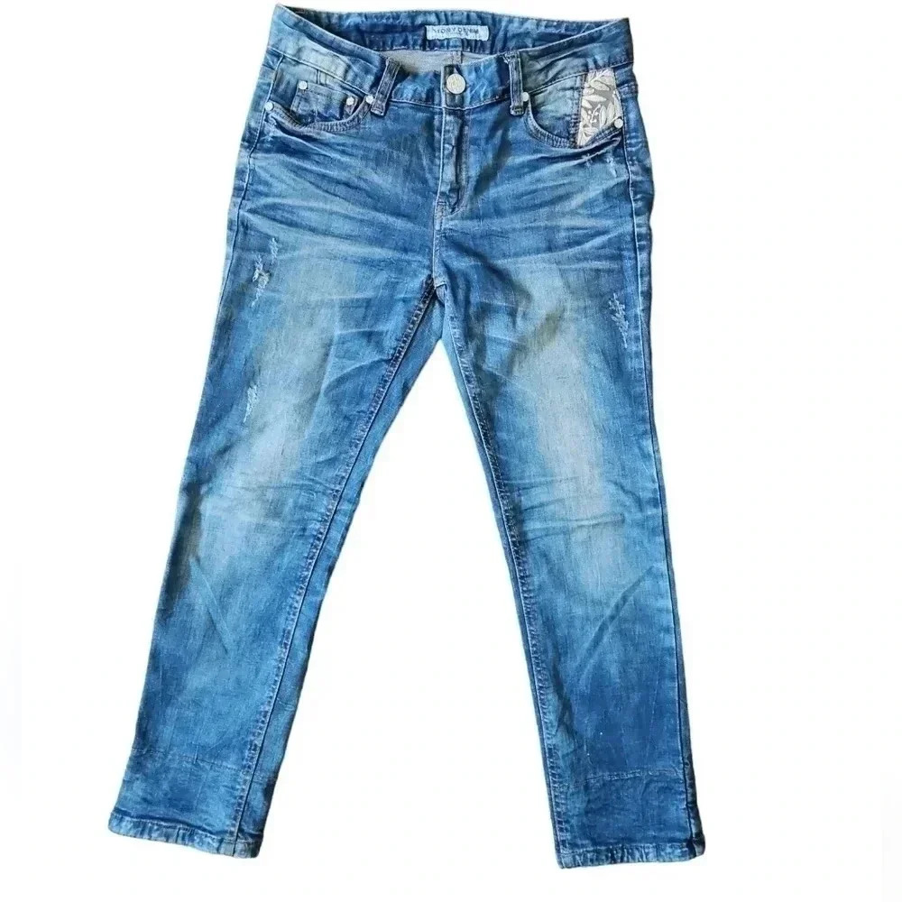 Tony Denim By Designer Club Skinny Jeans Medium Blue Skull Patchwork distressed
